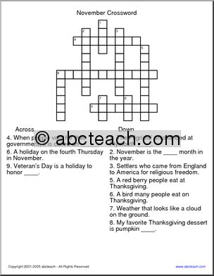 Crossword: November (elementary)
