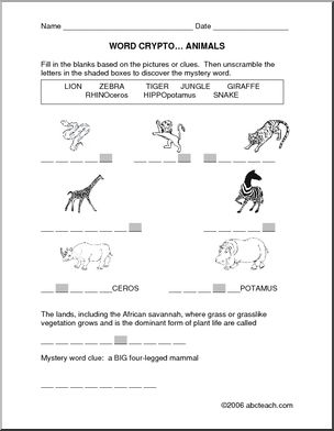 Grasslands Animals (primary/elem) -clues Word Crypto