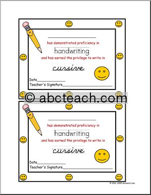 Certificate: Handwriting Promotion to Cursive (two to a page)