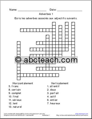 French: Crossword: Convert Adjectives to Adverbs–Consonants