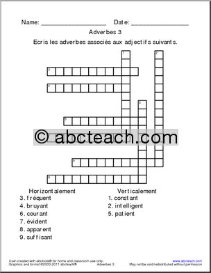 French: Crossword: Convert Adjectives to Adverbs–ent..-ant