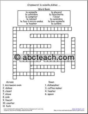 French: Crossword with kitchen vocabulary