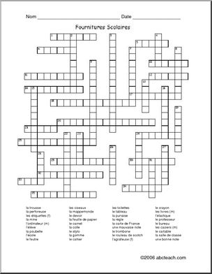French: Crossword puzzle with school supply vocabulary