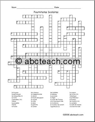 French: Crossword puzzle with school supply vocabulary