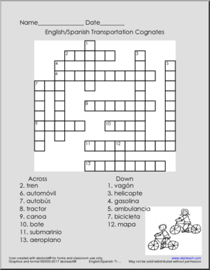 Cognates English/Spanish – Transportation Crossword