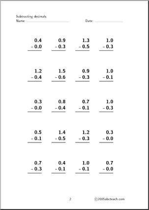 Decimal Subtraction (set 4) Worksheet
