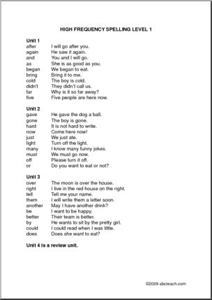 High Frequency Spelling Dictation Sentences - level 1 I abcteach.com