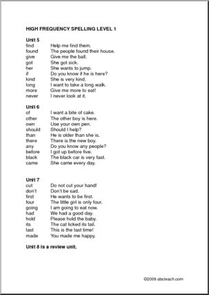 High Frequency Spelling Dictation Sentences - level 1 I abcteach.com