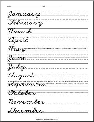 Handwriting Practice: Months – Cursive (DN-style font)