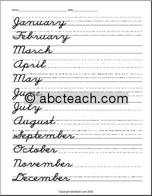 Handwriting Practice: Months – Cursive (DN-style font)