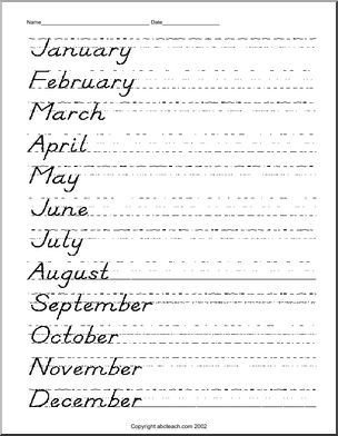 Handwriting Practice: Months -manuscript (DN-style font)
