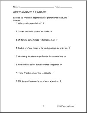 Spanish: Pronombres de Objeto Directo e Indirecto – PrÂ·ctica 2 (secundaria)