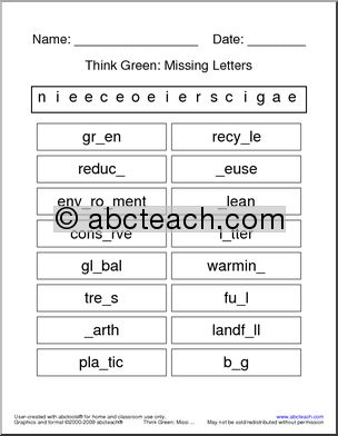 Think Green (letter bank) Missing Letters