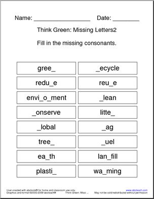 Think Green (consonants) Missing Letters