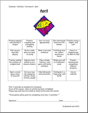 Monthly Activity Calendars: April 1(prek-early elem/special needs)