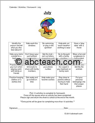 Monthly Activity Calendars: July 1 (prek-elementary/special needs)