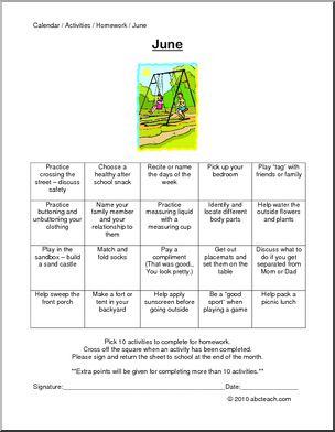 Monthly Activity Calendars: June 1 (prek-elementary/special needs)