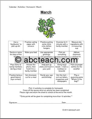 Monthly Activity Calendars: March 1 (prek-elementary/special needs)