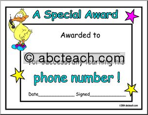 Certificate: Learning Phone Number (version 2) (preschool)