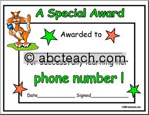 Certificate: Learning Phone Number (version 3a) (preschool)