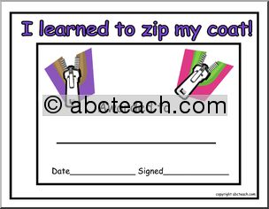 Certificate:  I learned to zip my coat! (preschool/primary)