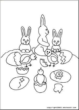 Coloring Page: Easter Bunnies and Chicks