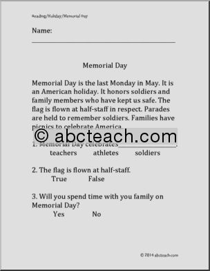 Easy Reading Comprehension: Memorial Day (primary)