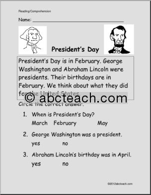 Easy Reading Comprehension: President’s Day (primary)