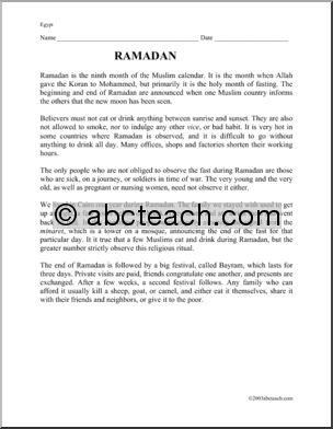 Comprehension: Ramadan (upper elementary/ middle)