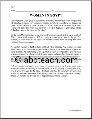 Comprehension: Women in Egypt (upper elementary/middle)