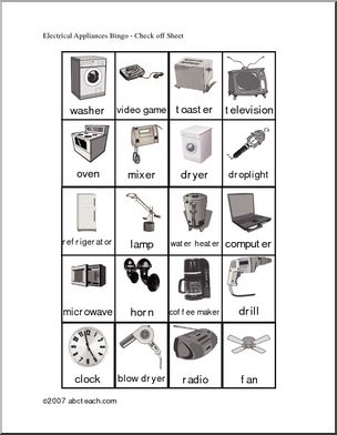 Bingo Cards: Electrical Appliances –  check sheet