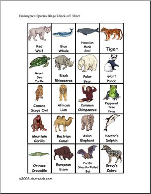 Bingo Cards: Endangered Animals (elem/upper elem) – check sheet Ã±color