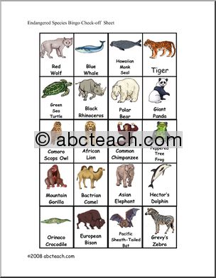 Bingo Cards: Endangered Animals (elem/upper elem) – check sheet Ã±color