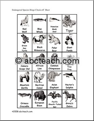 Bingo Cards: Endangered Animals (elem/upper elem) – check sheet