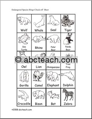 Bingo Cards: Endangered Animals (primary/elem) – check sheet