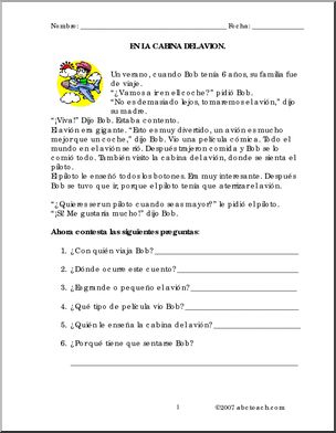 Spanish: ComprensiÃ›n de lectura – “En la cabina del aviÃ›n” (elementaria)