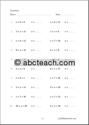 Algebra Equations (set 2) Worksheet