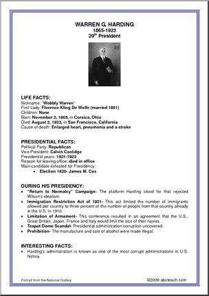 Fact Card: 29th President – Warren Harding