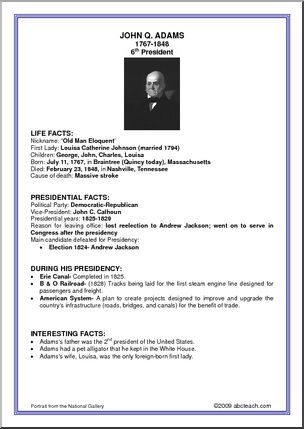 Fact Card:  6th President – John Quincy Adams