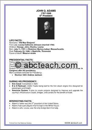 Fact Card:  6th President – John Quincy Adams