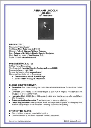 Fact Card: 16th President – Abraham Lincoln
