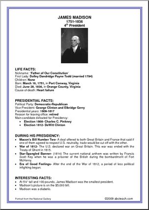 Fact Card:  4th President – James Madison