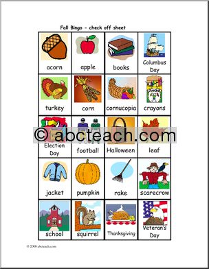 Bingo Cards: Fall – check sheet (color)