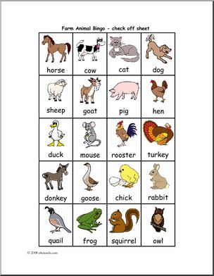 Bingo Cards: Farm Animals (check sheet) (color)
