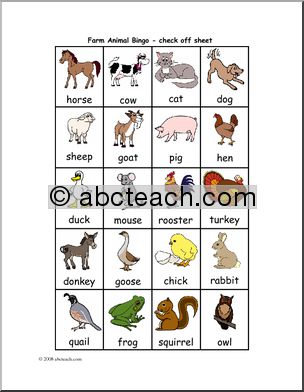 Bingo Cards: Farm Animals (check sheet) (color)