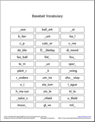 Baseball Vocabulary Missing Letters