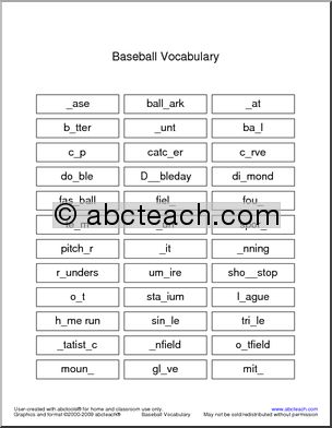 Baseball Vocabulary Missing Letters