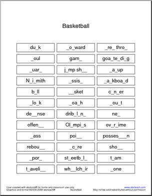 Basketball Vocabulary Missing Letters