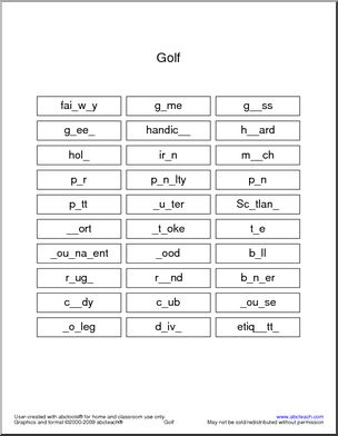 Golf Vocabulary Missing Letters