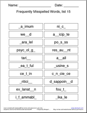 Frequently Misspelled Words (list 15) Missing Letters
